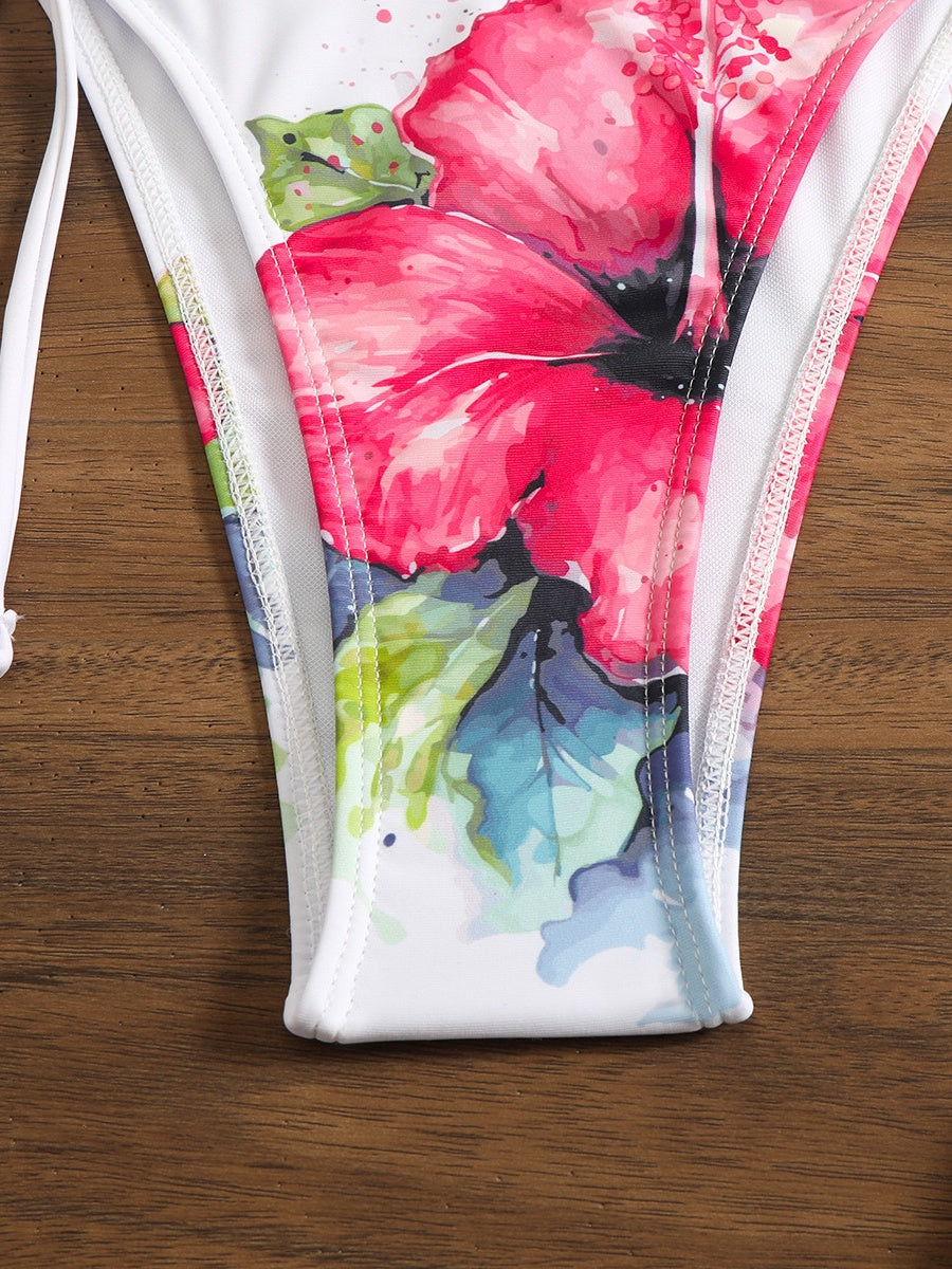 Large Floral Print Bikini Mesh Maxi Dress Three-piece Set