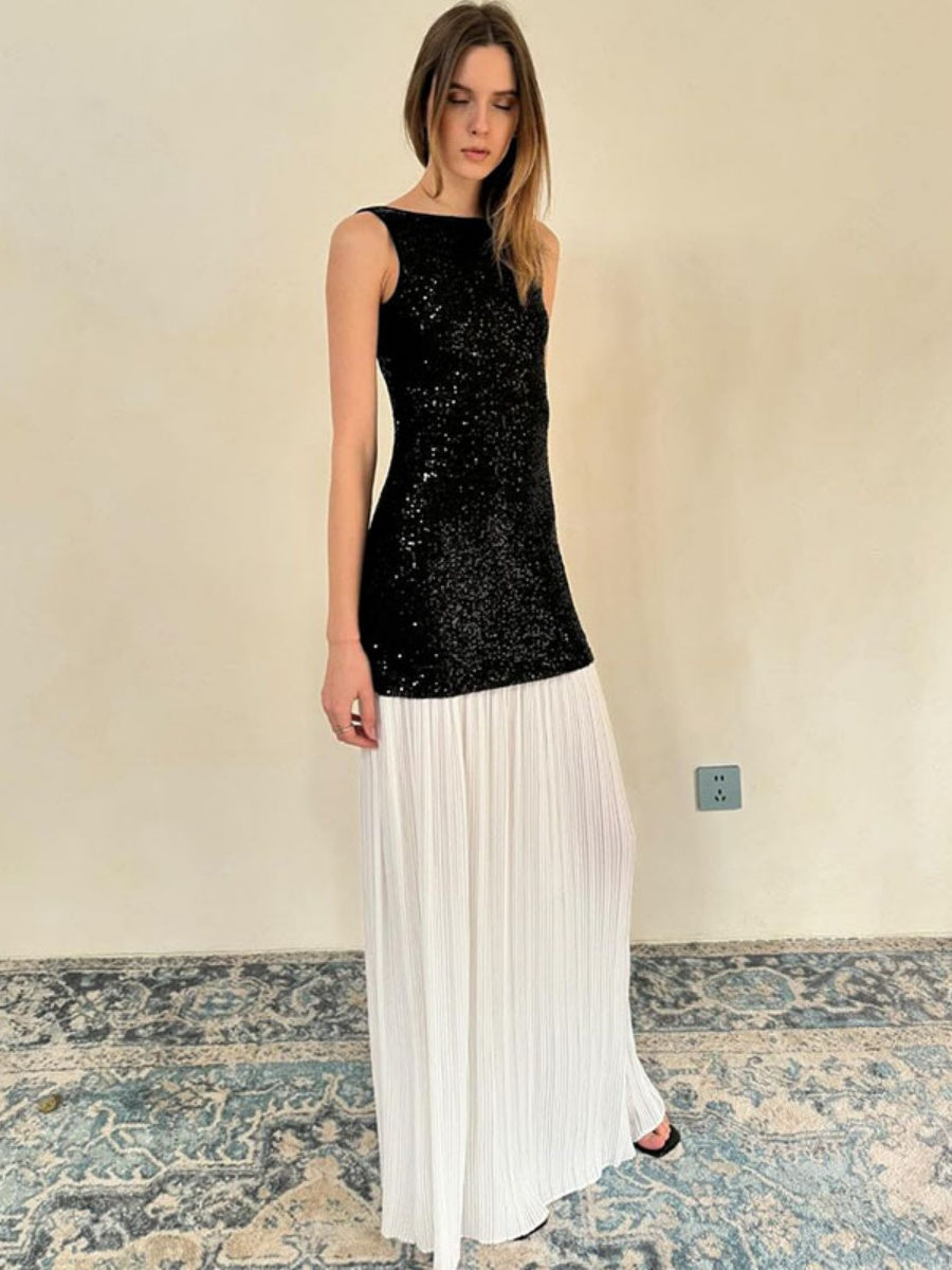 Liber Autumn Women's Sequins Black and white contrast Maxi Dresses