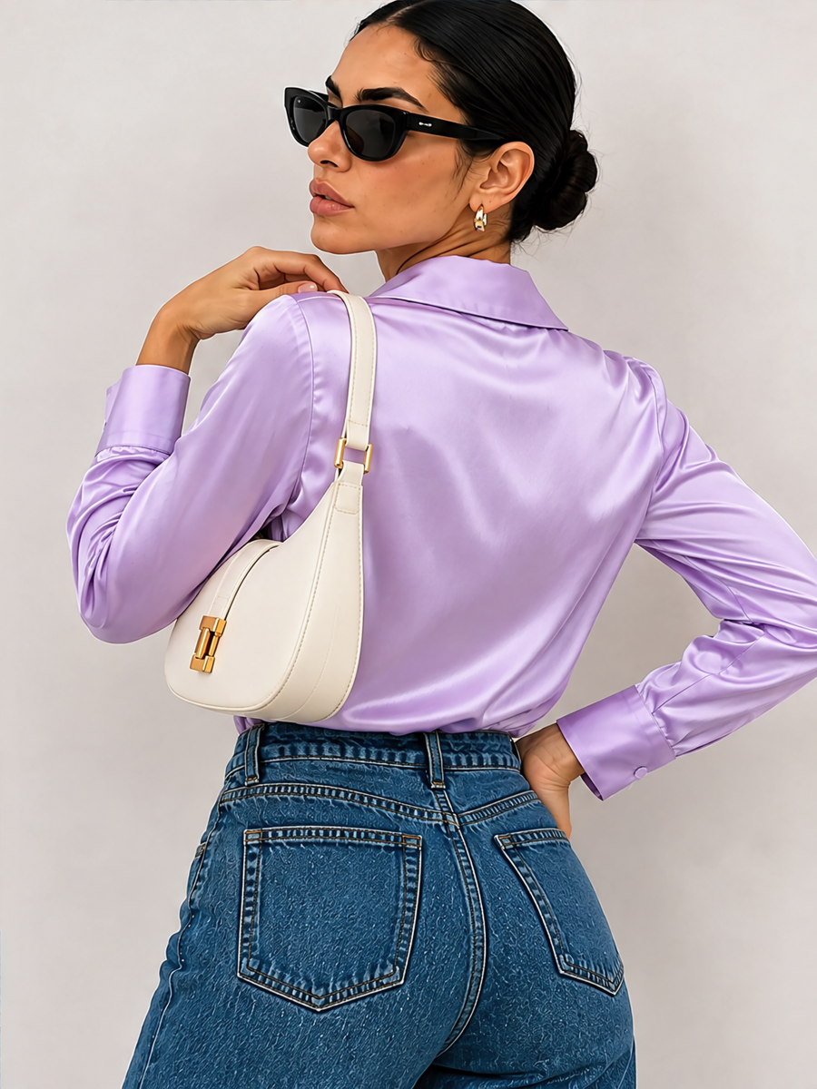 Solid Color Satin Pleated Long Sleeve Blouse&Shirts