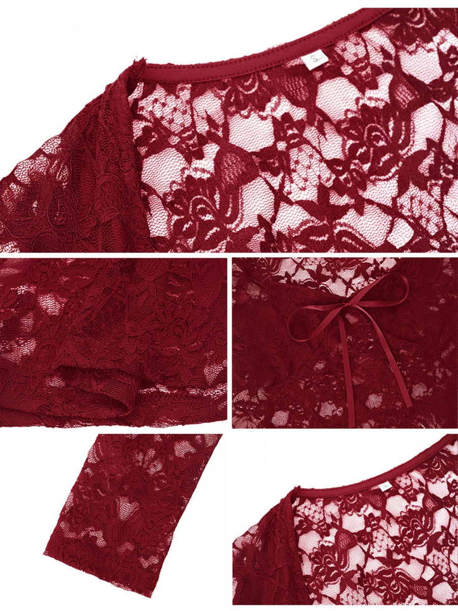 Sexy Slim-fitting Hollowed-out Long-sleeved Tie-up Lace Top