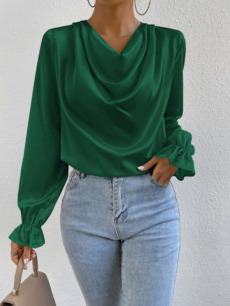 Satin-Rüschen-T-Shirts in Unifarben mit langen Ärmeln