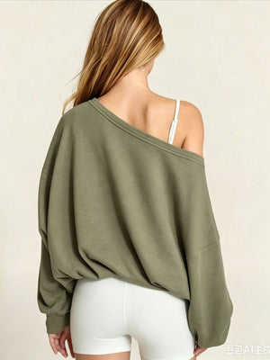 Women's Autumn/Winter Solid Color Off-Shoulder Long Sleeve Drawstring Hem Sweatshirt