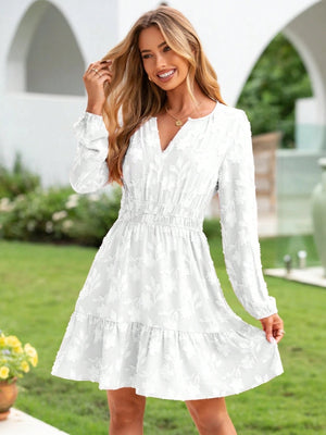 V-neck, Jacquard, Elastic Waist, Full Skirt, Long Sleeves, Ruffled Hem Short Dress