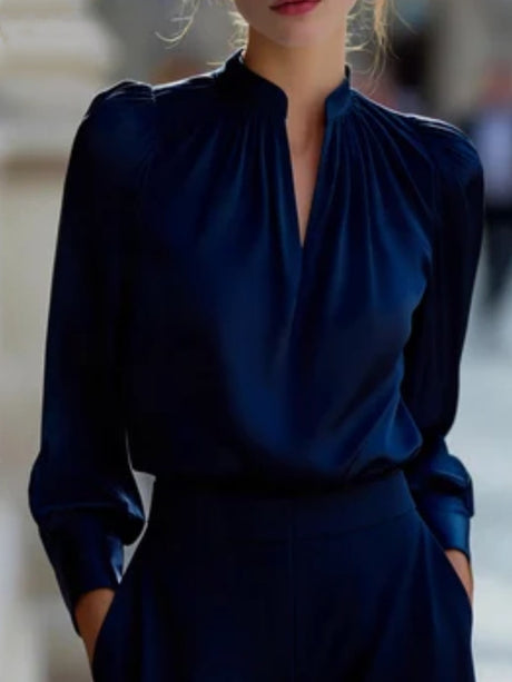 Satin Stand Collar Puff Sleeve Long Sleeve Blouse&Shirts