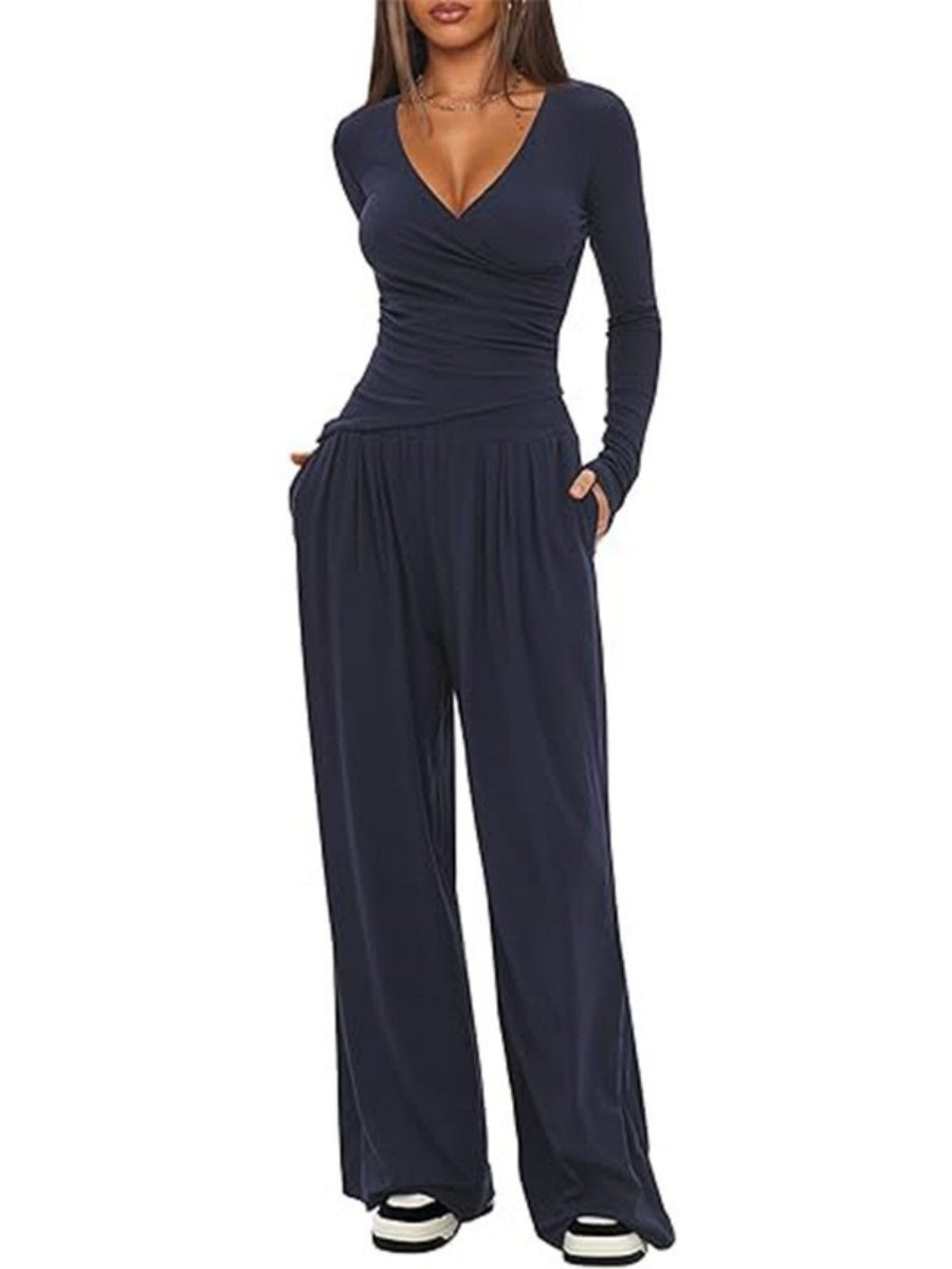 Long Sleeve V-neck T-shirt Loose-fit Wide-leg Pants Leisure 2-piece Sets