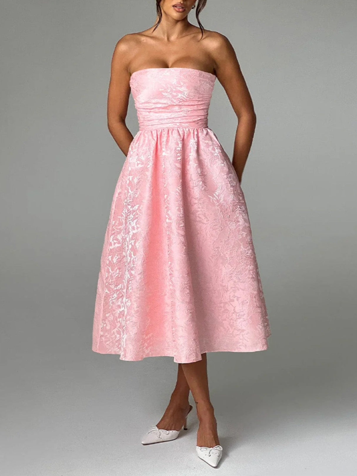 Pleating Jacquard Of Plants And Flowers Tube Top Maxi Dresses