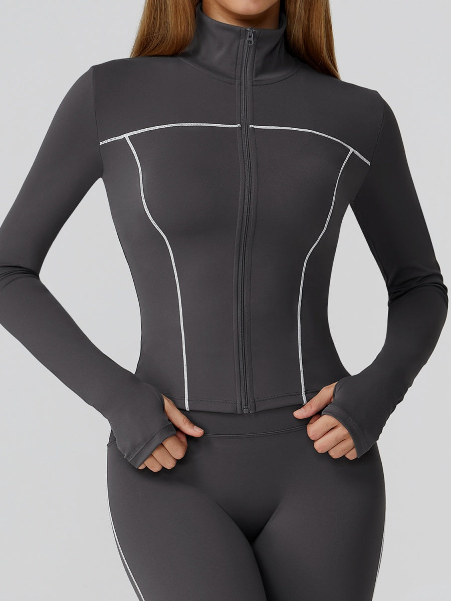 Veste de yoga bicolore en tissu brossé avec fermeture éclair, coupe-vent et ajustée