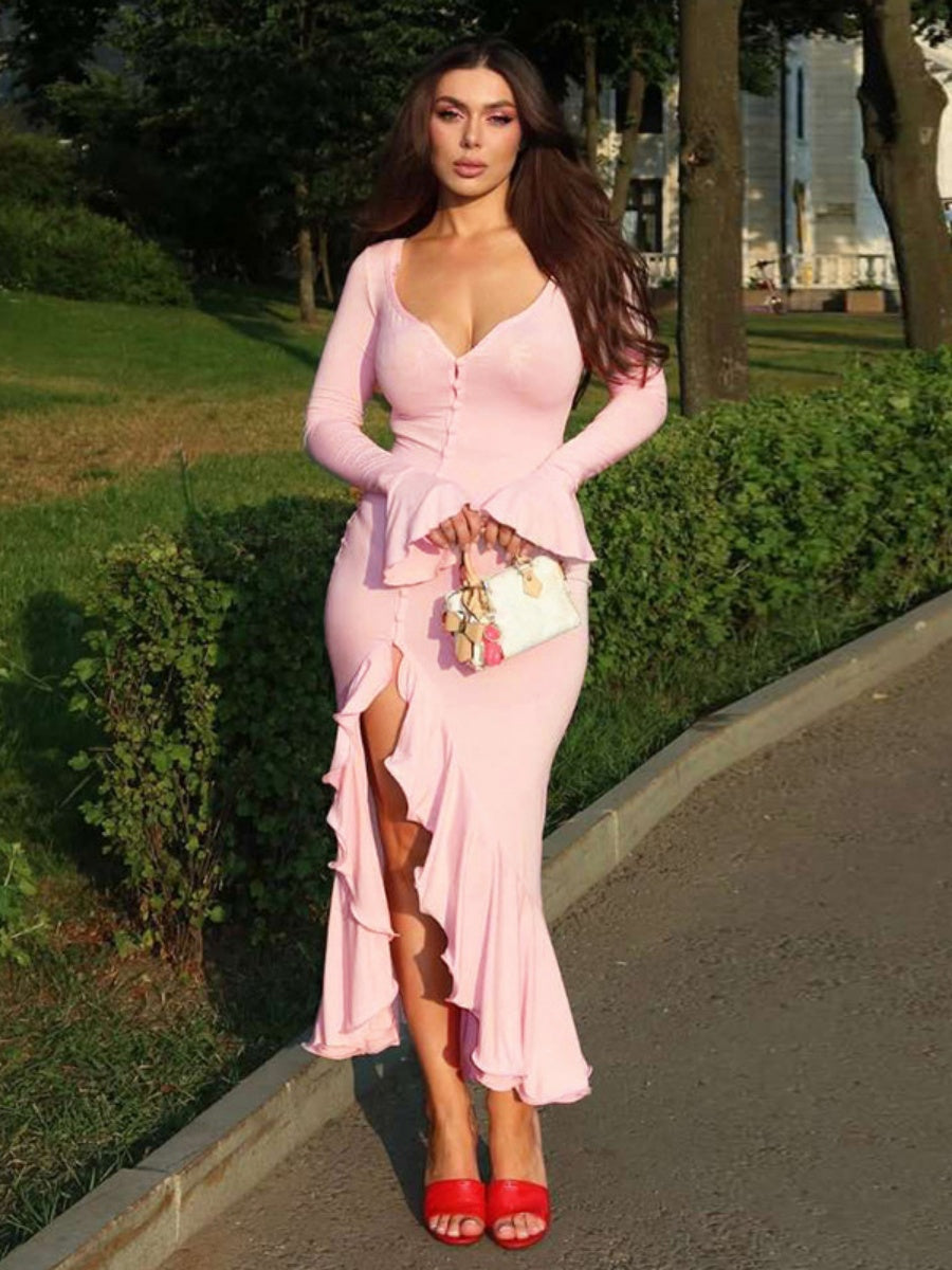 Ruffle Solid Color Maxi Dresses