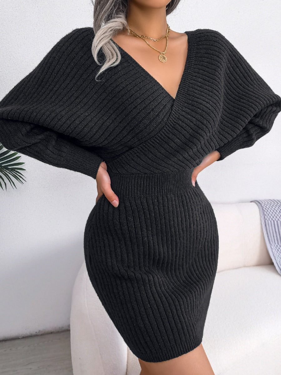Cross V-neck Batwing Sleeves Hip-hugging Knitting Mini&Short Dresses