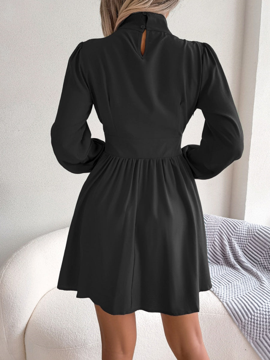 Stand Collar Hollow Waist Big Swing Mini&Short Dresses