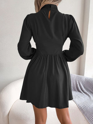 Stand Collar Hollow Waist Big Swing Mini&Short Dresses