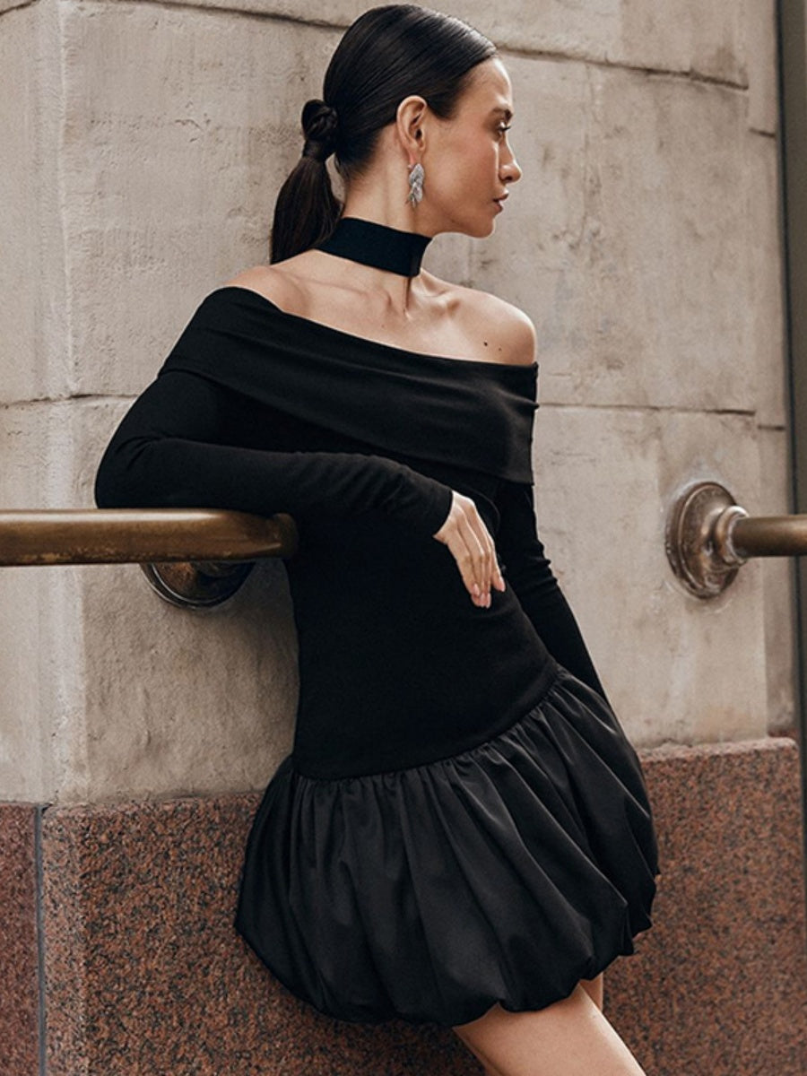 Liber Autumn Women's Off-shoulder Black and white color matching Long sleeve Mini&Short Dresses