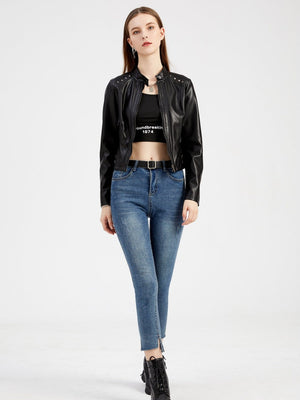 Studs Long Sleeve Stand Collar PU Leather Jackets