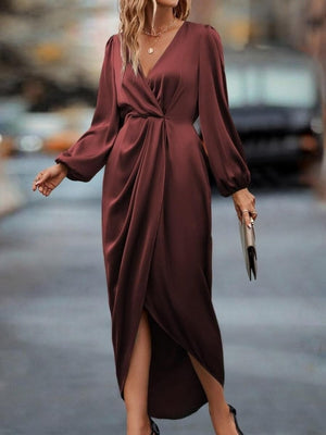 Slit Balloon Sleeve Irregular Long Sleeve Satin Long Skirt