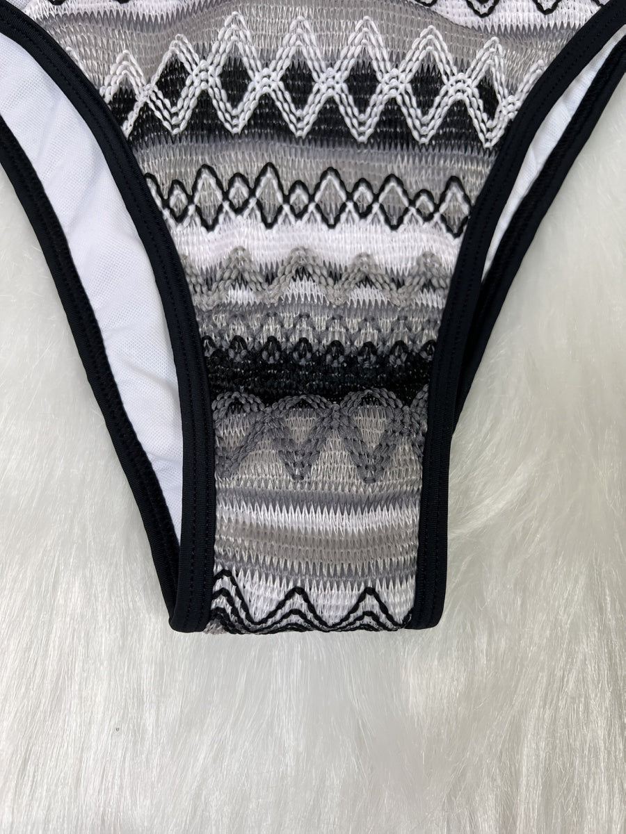 Knitted Color-blocked Striped Tie-up Bikini
