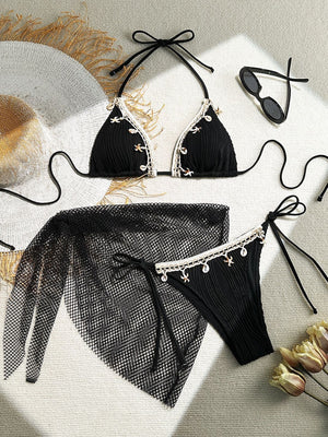 Starfish Tassel Bikini Mesh Mini Skirt Three-piece Set