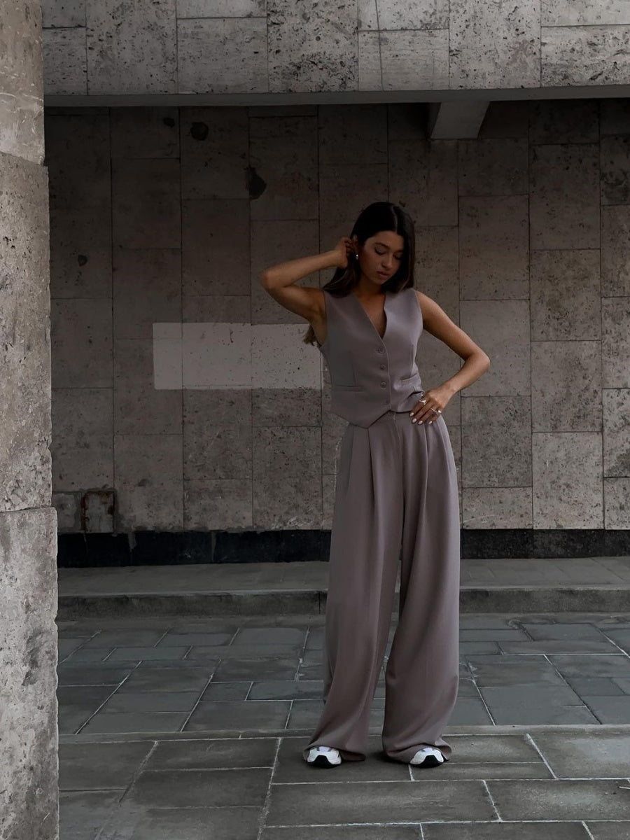 V-neck Sleeveless Vest, Flowy Wide-leg Trousers, Casual Style. 2-piece Sets