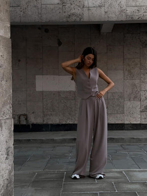 V-neck Sleeveless Vest, Flowy Wide-leg Trousers, Casual Style. 2-piece Sets