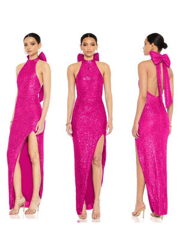 Sequined Large Bow Halter Neck Backless Parties Maxi Dresses