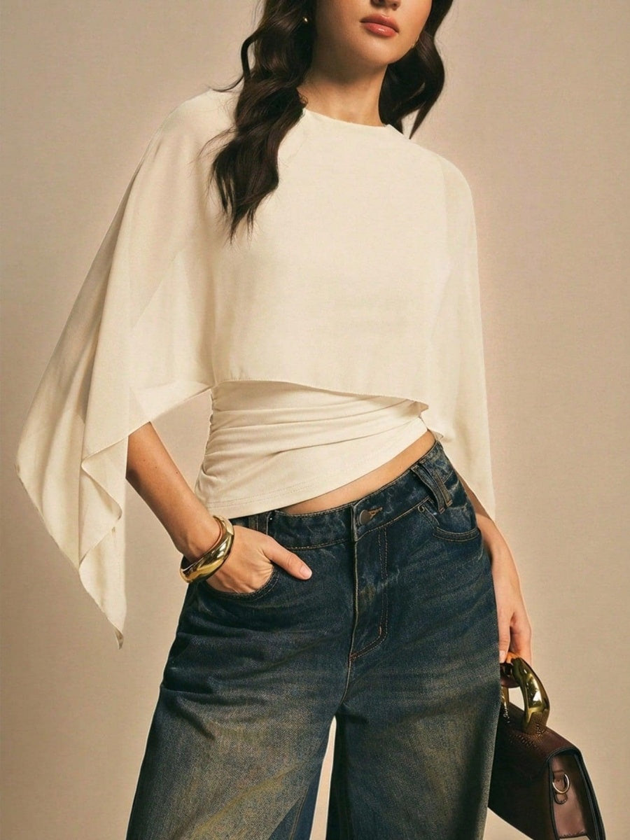 Cape-sleeve T-shirt, Round Neck, Loose Chiffon Cover-up, Elegant Irregular Top/T-shirt