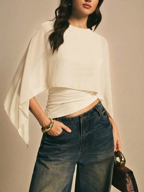 Cape-sleeve T-shirt, Round Neck, Loose Chiffon Cover-up, Elegant Irregular Top/T-shirt