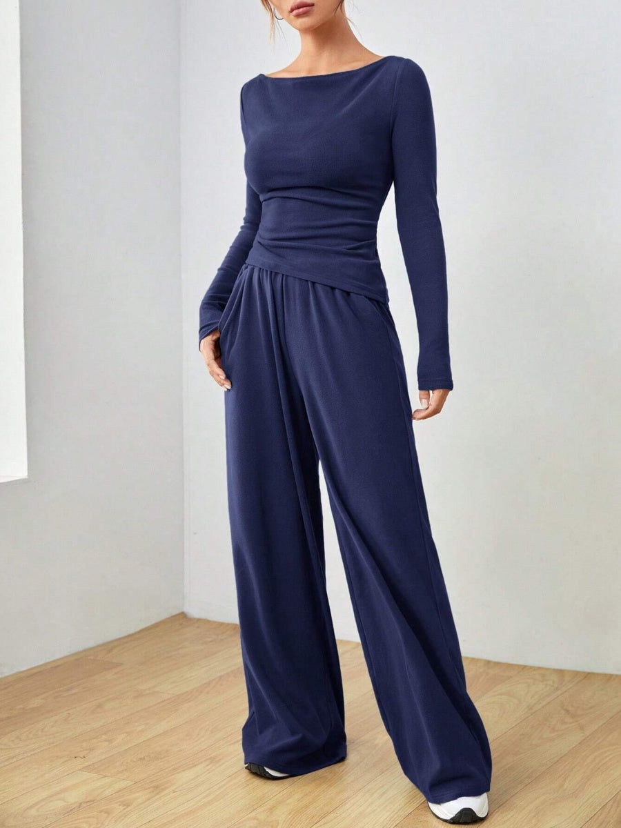 Pocket Solid Color Large Round Neck Long Sleeve Pants 2-piece Sets