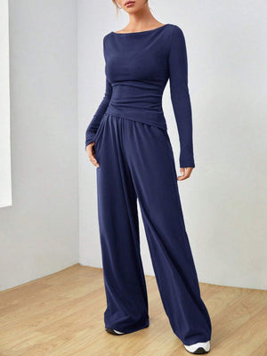 Pocket Solid Color Large Round Neck Long Sleeve Pants 2-piece Sets