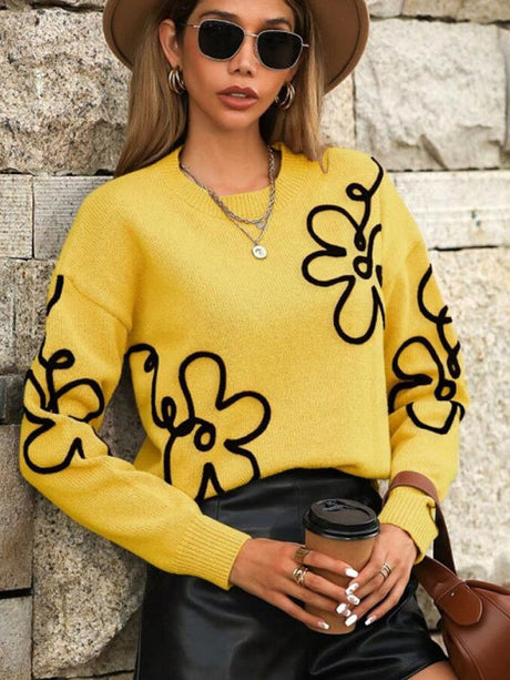 3D Effect Flower pattern Crew Neck Sweaters