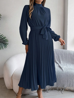 Stand Collar Long Sleeve Waist Pleats Midi Dresses