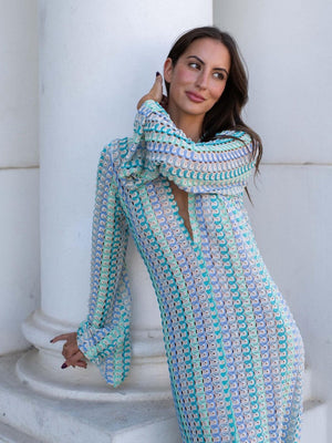 V-neck With Cutout Geometric Pattern Slit Beachwear