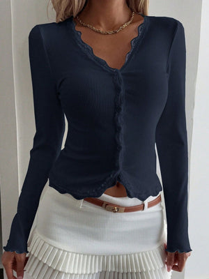 Cardigan Style With Ribbed Trim V-neck Lace Stitching Anti-stripping T-shirts Long-sleeved Knitted Cardigan