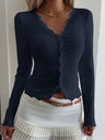 Cardigan Style With Ribbed Trim V-neck Lace Stitching Anti-stripping T-shirts Long-sleeved Knitted Cardigan