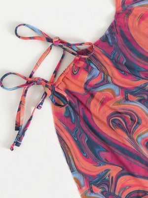 Hollow-out Drawstring Swimsuit Bikini Beach Cover-up Three-piece Set