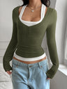 Faux Two-piece U-neck Halter Neck Long-sleeved T-shirt