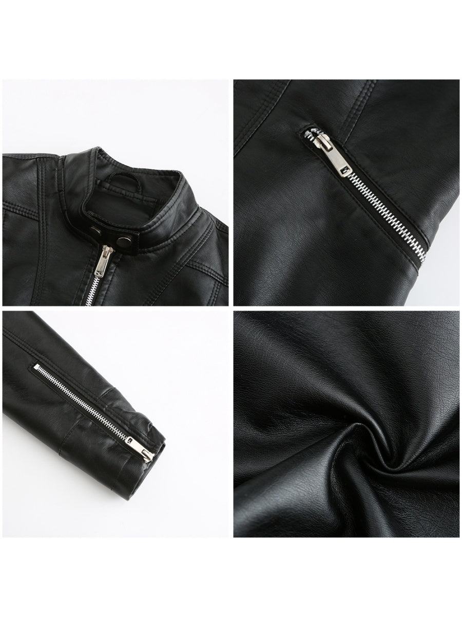 Three-dimensional Decoration Short Stand Collar Zippered Leather Jacket