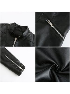 Three-dimensional Decoration Short Stand Collar Zippered Leather Jacket