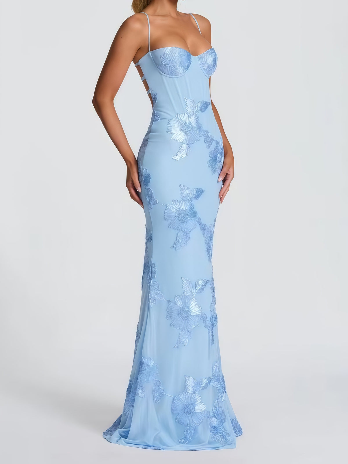 3D Embroidered Backless Cross-Strap Spaghetti Strap Long Dress