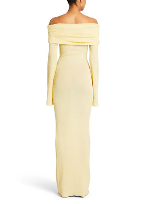 Long-sleeved Off-shoulder Pleated Knit Maxi Dress