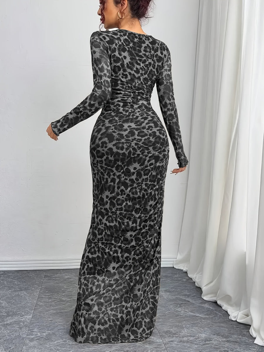 Leopard Mesh Printing Pleats Sexy Tight Fit Crew Neck Maxi Dresses