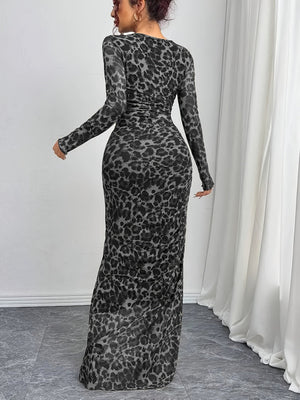 Leopard Mesh Printing Pleats Sexy Tight Fit Crew Neck Maxi Dresses