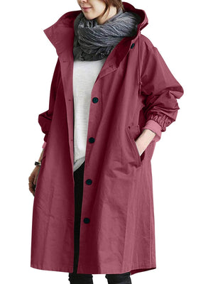 Oversized Hooded Single-Breasted Mid-Length Trench Coat