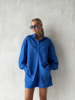 Loose-fit Long Sleeve Shirts Shorts Set 2-piece Sets