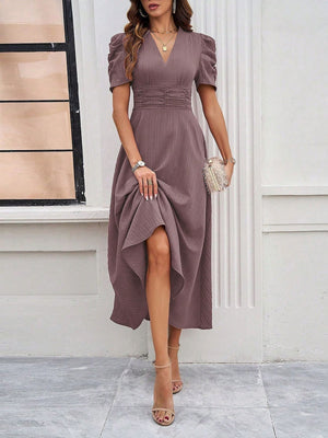 Pleated Waist Short Sleeve Maxi Dresses
