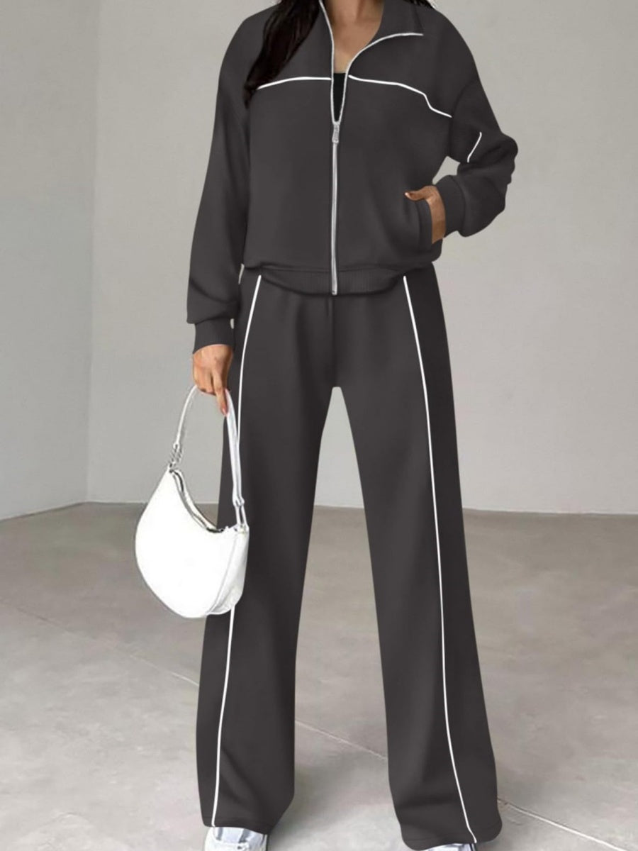 Sports Casual Suit Zipper Contrasting Colors Hoodless Cardigan Wide-leg Pants 2-piece Sets