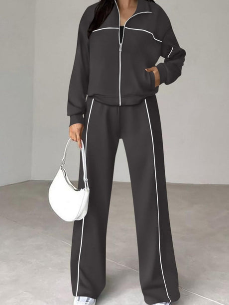 Sports Casual Suit Zipper Contrasting Colors Hoodless Cardigan Wide-leg Pants 2-piece Sets