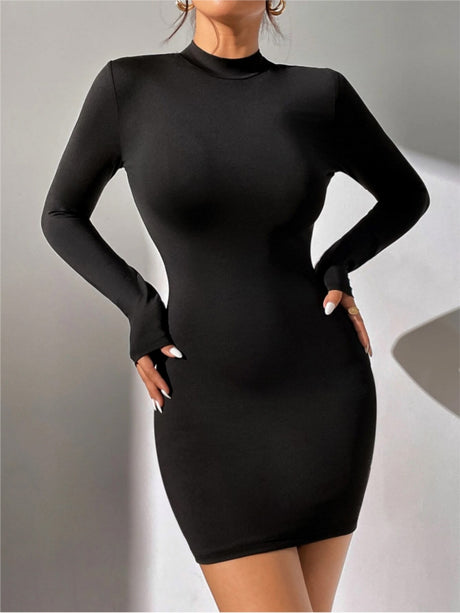 Half Turtleneck Solid Color Tight Fit Long Sleeve Mini&Short Dresses