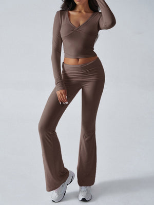 V-neck Long Sleeve Pants Pleated Navel Solid Color 2-piece Sets