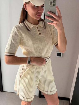 Academic Style Lapel Ice Silk Short Cardigan Color-blocked Drawstring Shorts Set 2-piece Sets