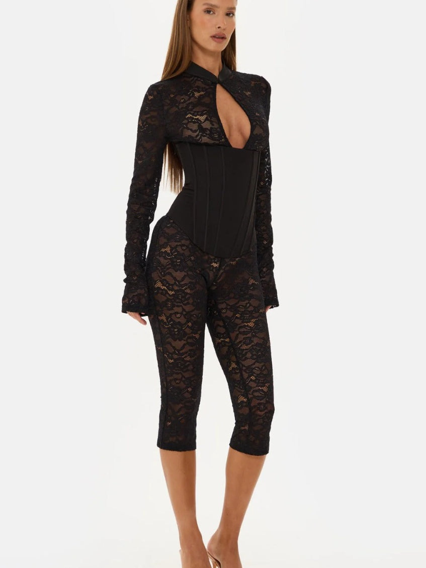 Lace-trimmed Cheongsam-style Fitted Bodycon Jumpsuit