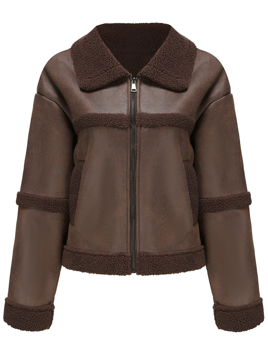 Suede Keep Warm Plush Pocket Leather Jacket